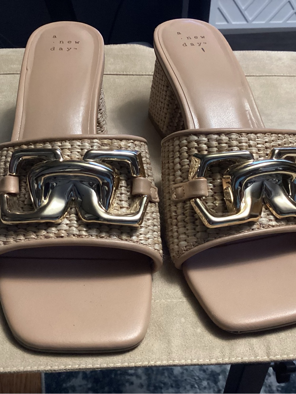 a new day Beige Woven Slide Mules with Gold Chain Detail Size 9
